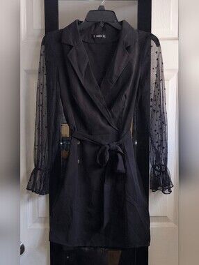 Black Mini Blazer Dress With Waist Tie & Sheer Sleeves - Small